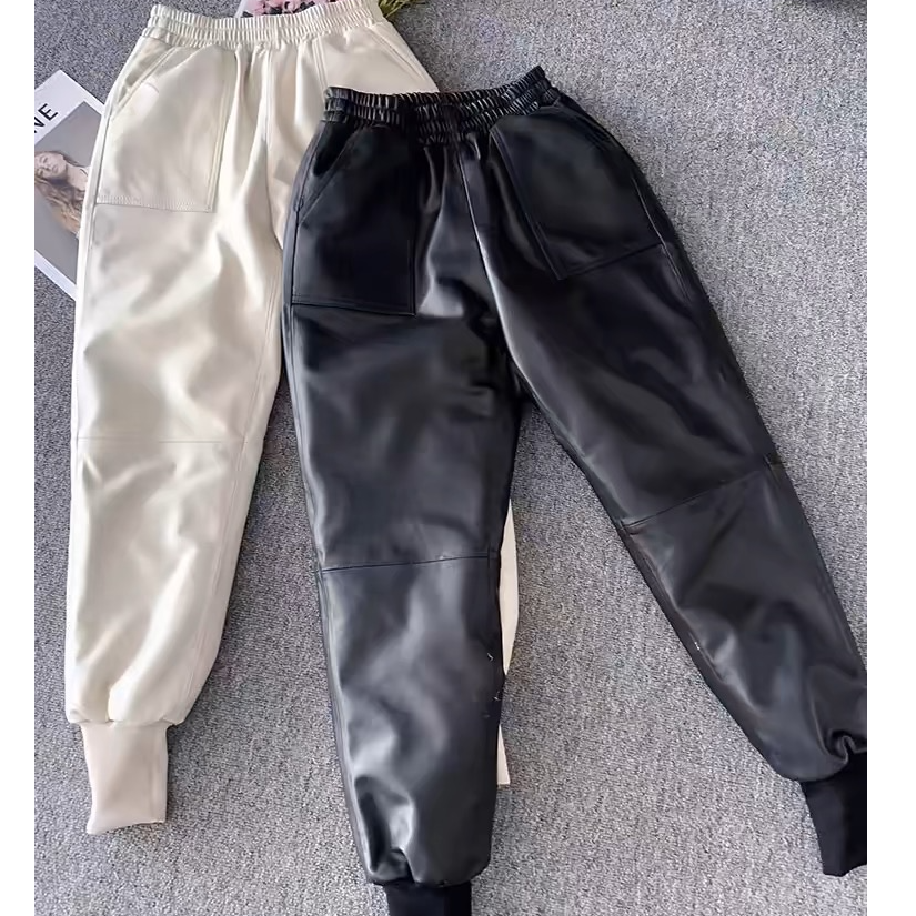 真皮高腰外穿羽绒裤女哈伦裤宽松小脚裤绵羊皮九分休闲裤#2350