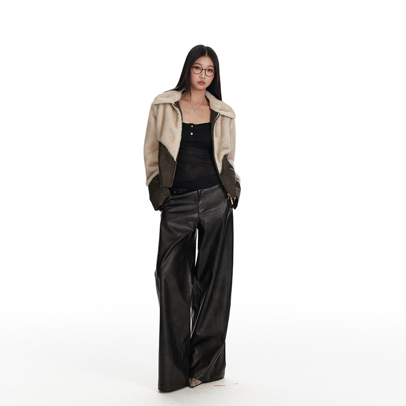  【清清专场】4muggle原创黑色PU皮裤女低腰显瘦阔腿裤秋冬休闲直筒