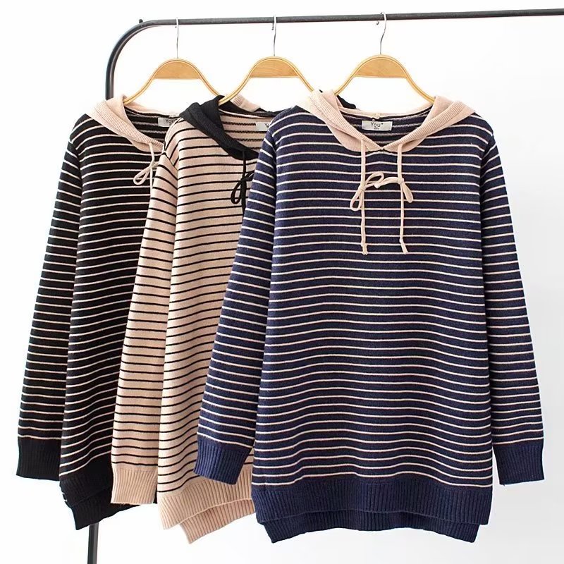 YY0598【大码女装】开叉条纹拼色连帽毛衣学生休闲针织衫女