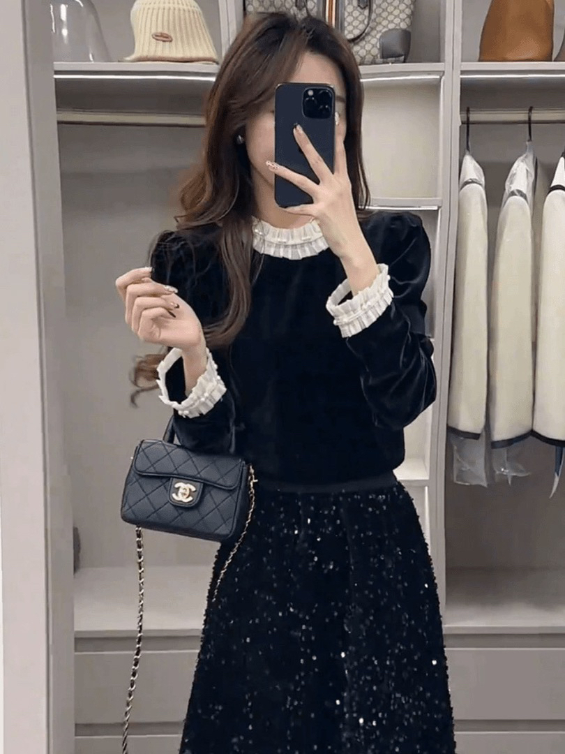 法式复古蕾丝拼接黑色金丝绒上衣女秋季时尚时髦洋气长袖打底衬衫