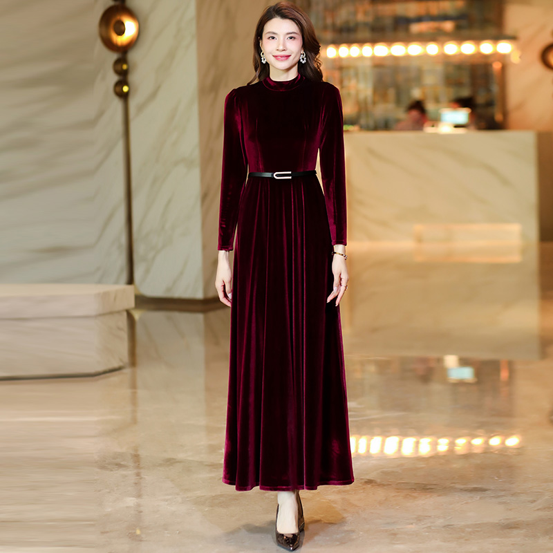 香衣丽华立领修身显瘦丝绒过膝连衣裙修身显瘦时尚简约大摆长裙