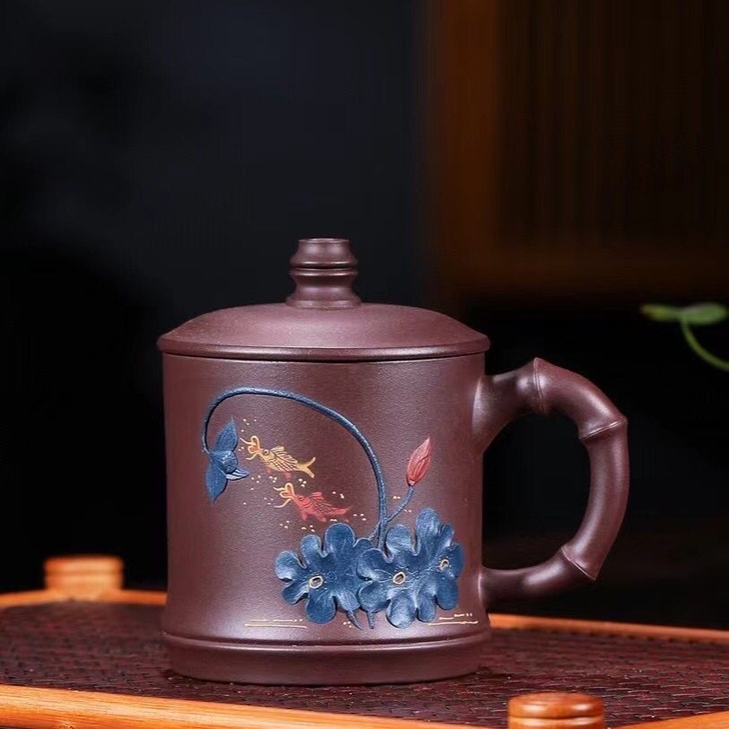 宜兴原矿纯手工堆绘紫砂茶杯办公室个人专用泡茶杯荷趣盖杯紫泥