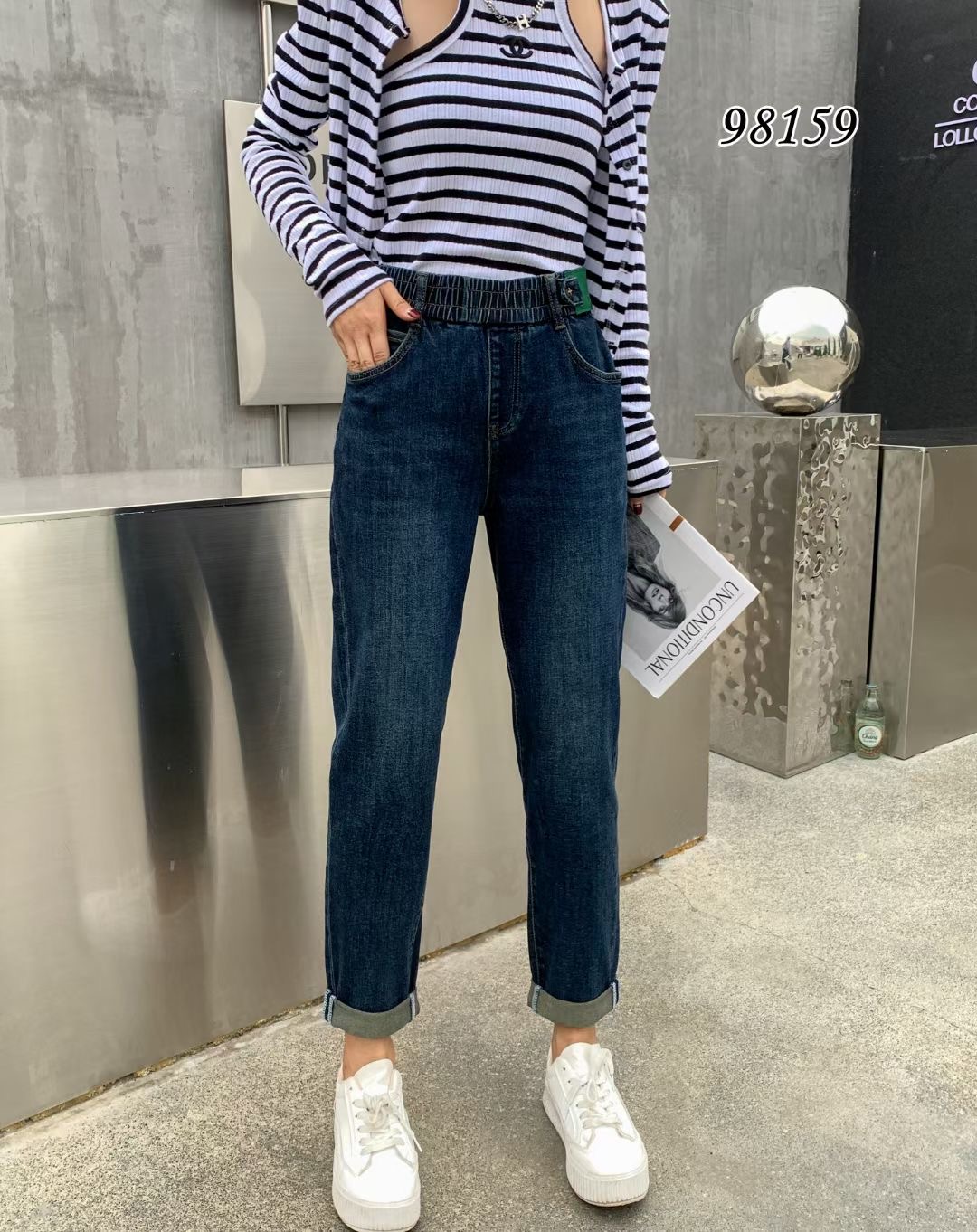 芭莎basha香港花牌松紧腰腿粗跨大老爹哈伦萝卜裤中年妈妈牛仔裤