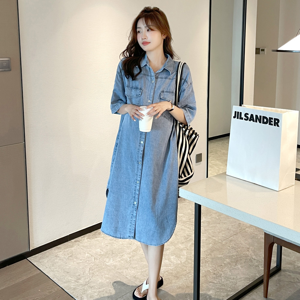 夏季新款孕妇裙韩版时尚款宽松大码连衣裙外出可哺乳牛仔衬衫裙潮