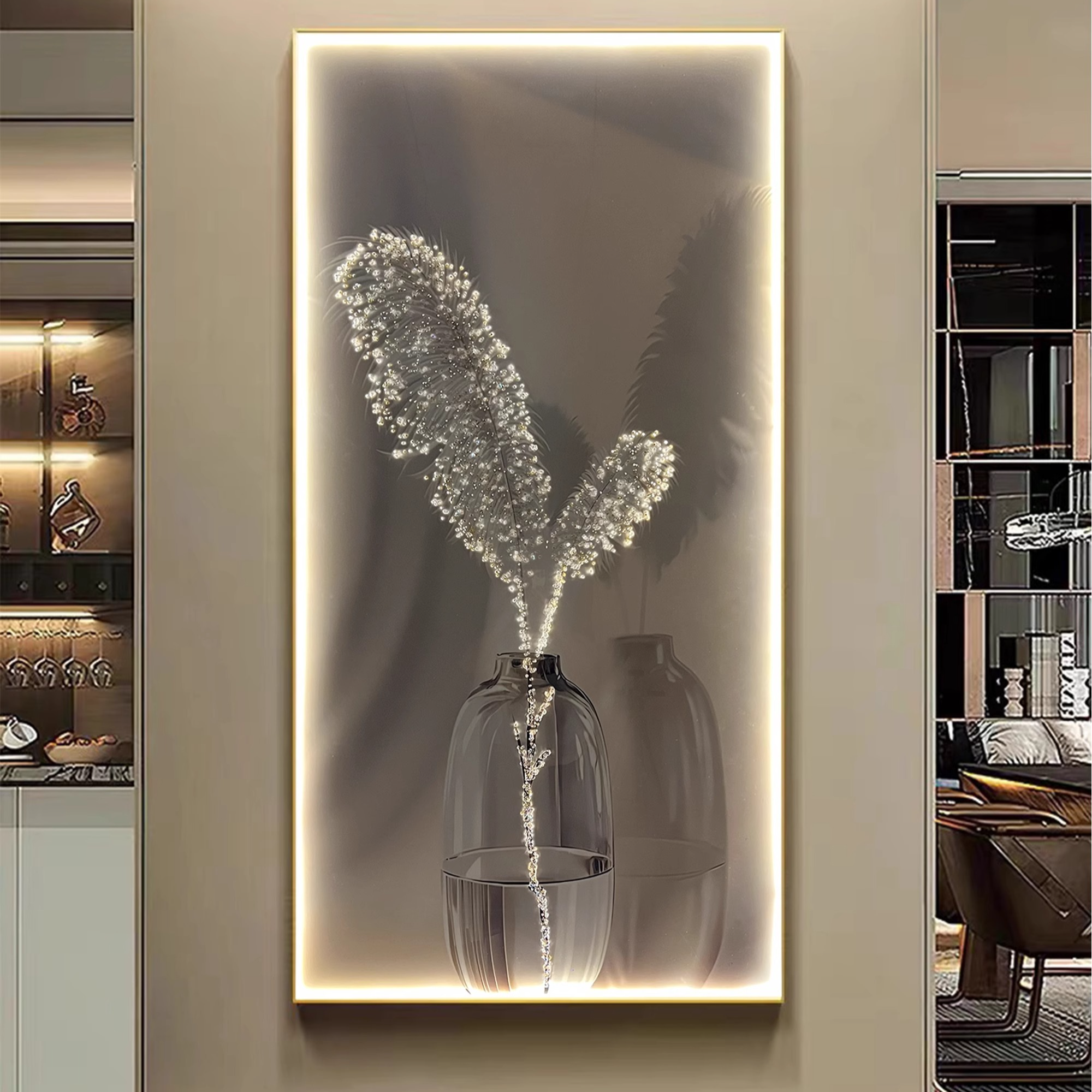 入户led灯轻奢羽毛玄关画客厅沙发落地画奶油风挂画现代简约壁画