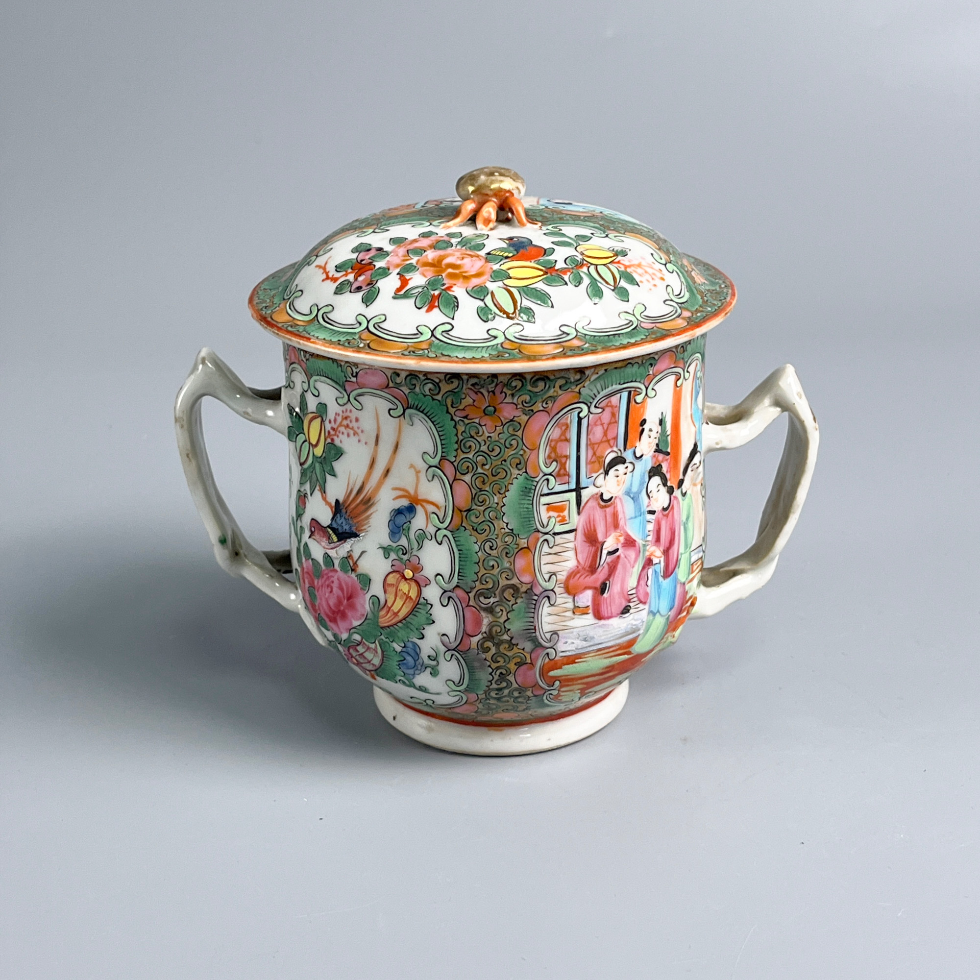 瓷器/古董晚清广彩开窗故事盖罐M2XFM002389古玩/收藏/文物绣花张