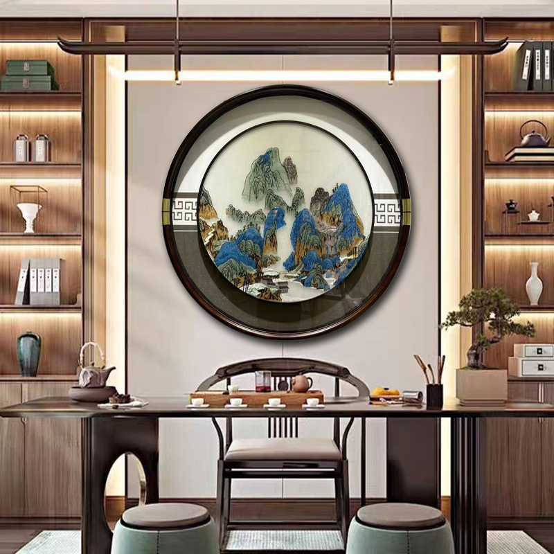 现代简约新中式圆形千里江山高端大气玄关画走廊过道壁画进门挂画