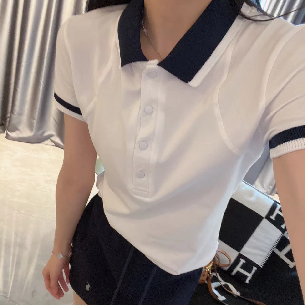 休闲日系POLO衫短袖T恤女白色运动百搭夏季纯色显瘦翻领时尚套装