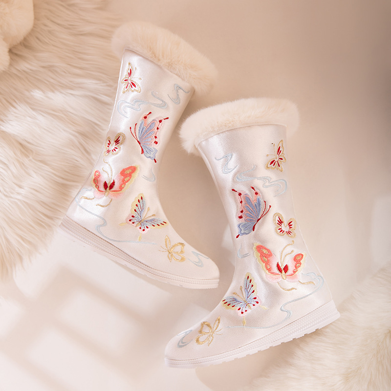 秋冬古装汉服靴子女加绒民族风平底长筒绣花棉靴古风平底雪地靴女