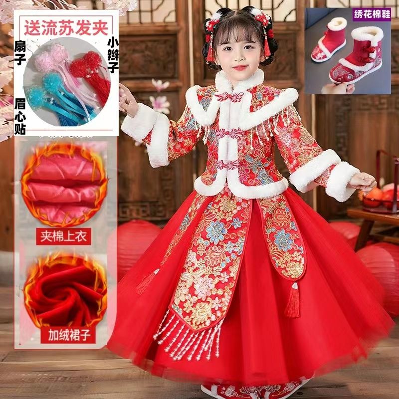 汉服女童拜年服新款儿童唐装加绒中国风加厚女孩冬季冬装新年服潮