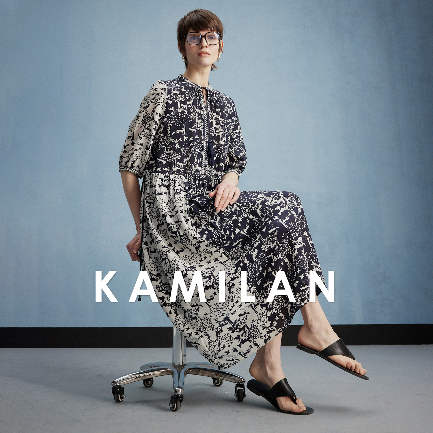 卡米兰海边度假印花连衣裙女2024春夏新款中长款七分袖A字裙