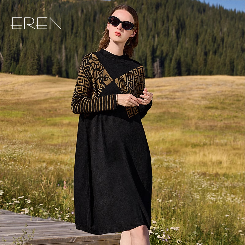 卡米兰法式高腰针织连衣裙女2024秋季新款宽松中长款毛衣打底裙