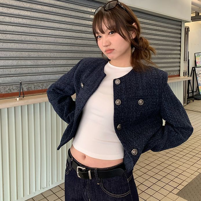 藏蓝色短款小香风外套女2024秋季单排复古新款高级宽松长袖上衣