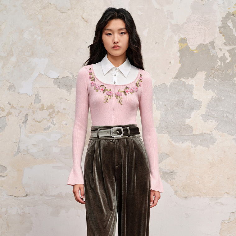 MAXRIENY芳华系列文艺复古花卉衬衫领拼接套头针织衫上衣