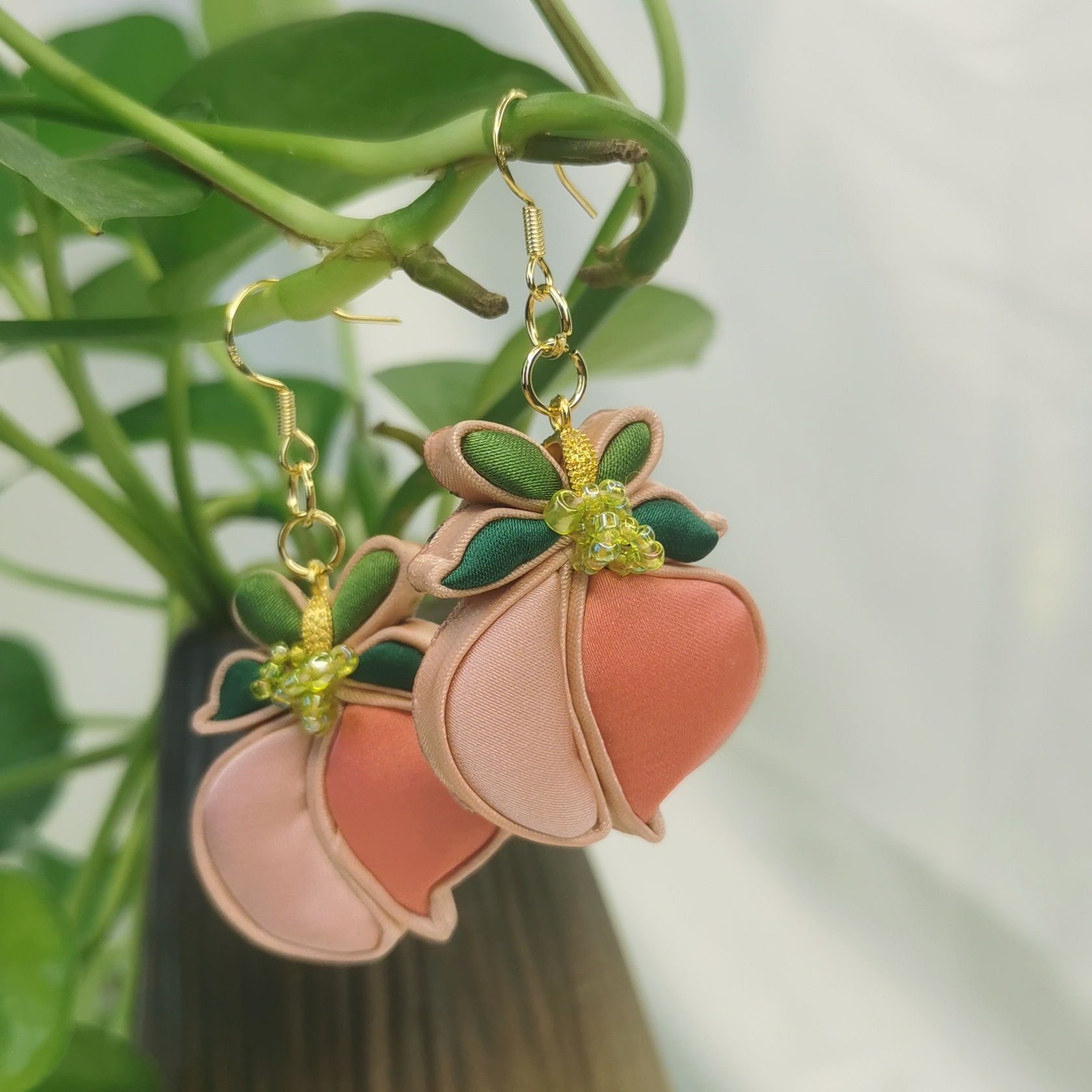 非遗布艺国潮汉服耳饰【水蜜桃】手工盘扣填花嵌芯中国风配饰旗袍盘