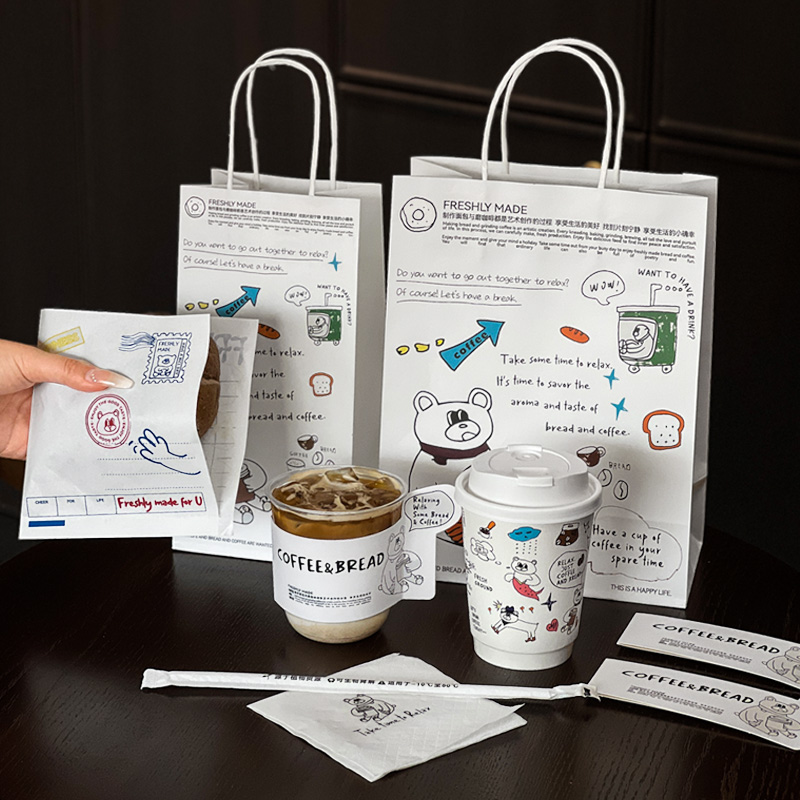 【小熊涂鸦】一次性咖啡杯奶茶纸杯专用外带打包带盖热饮定制logo