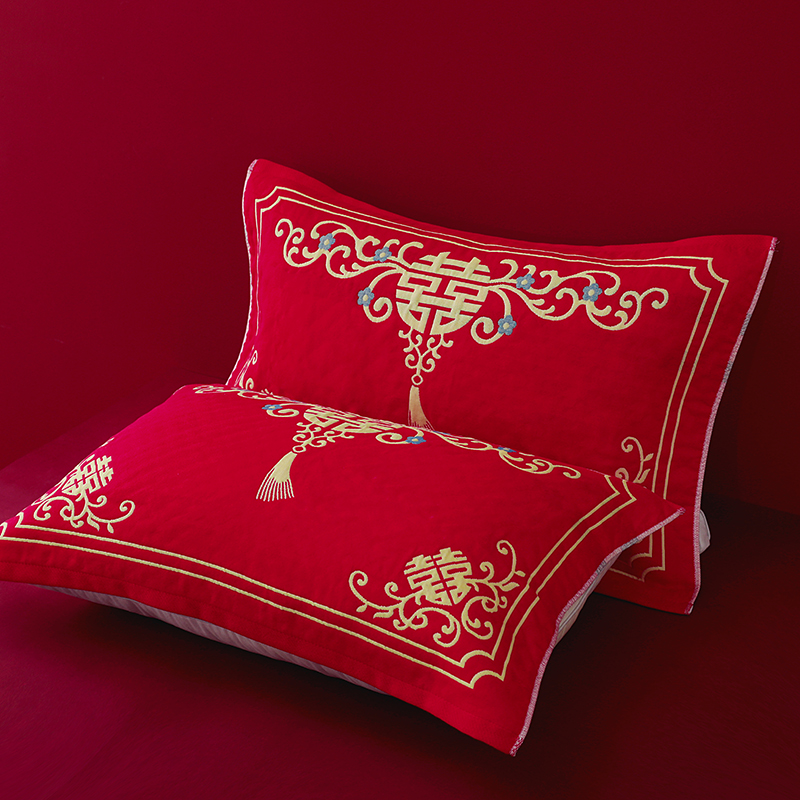 结婚红枕巾高端婚庆红色全棉纯棉一对装大红色陪嫁新婚枕头巾透气