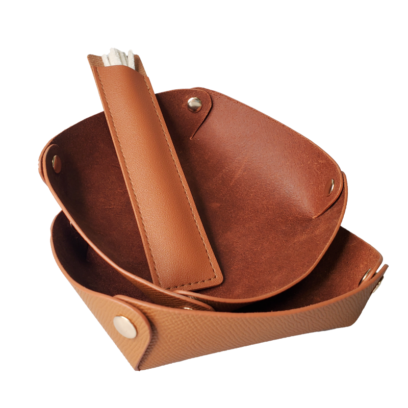 荔枝纹真牛皮收纳盘便携式 四角纽扣设计收纳优质方便携带小物件