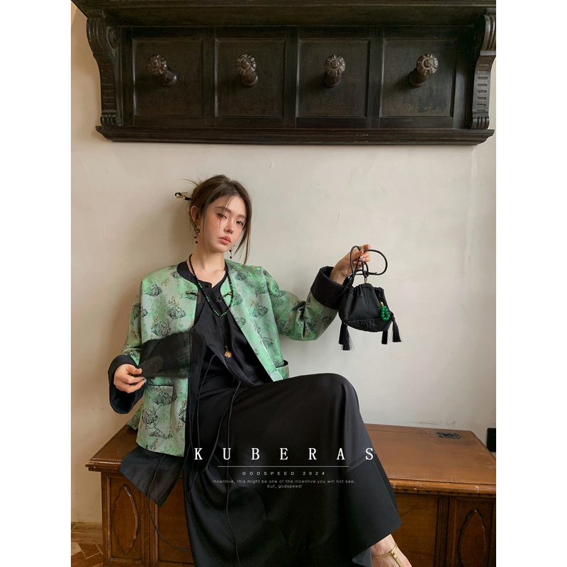 KUBERAS 春水煎茶 小众复古新中式撞色翻边袖可双面穿盘扣短外套