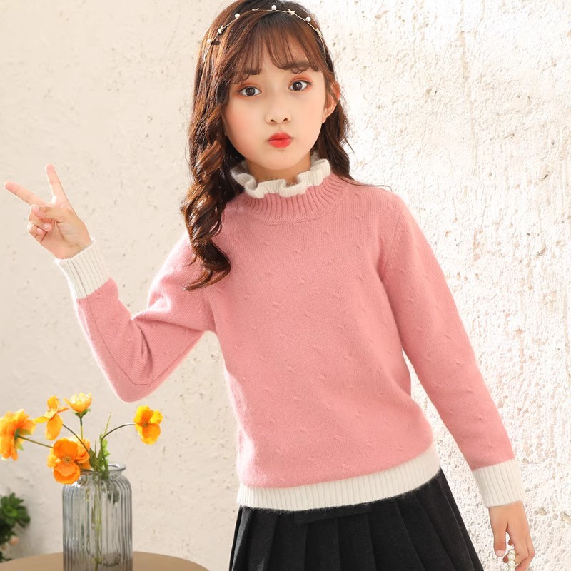 【100%纯羊绒】秋冬新款儿童羊绒衫女童木耳领毛衣宝宝针织打底衫