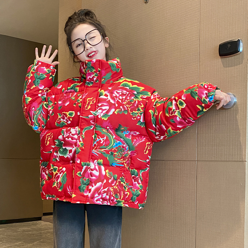 女中大童东北大花袄棉衣儿童棉内胆国潮印花红色冬季洋气保暖棉服