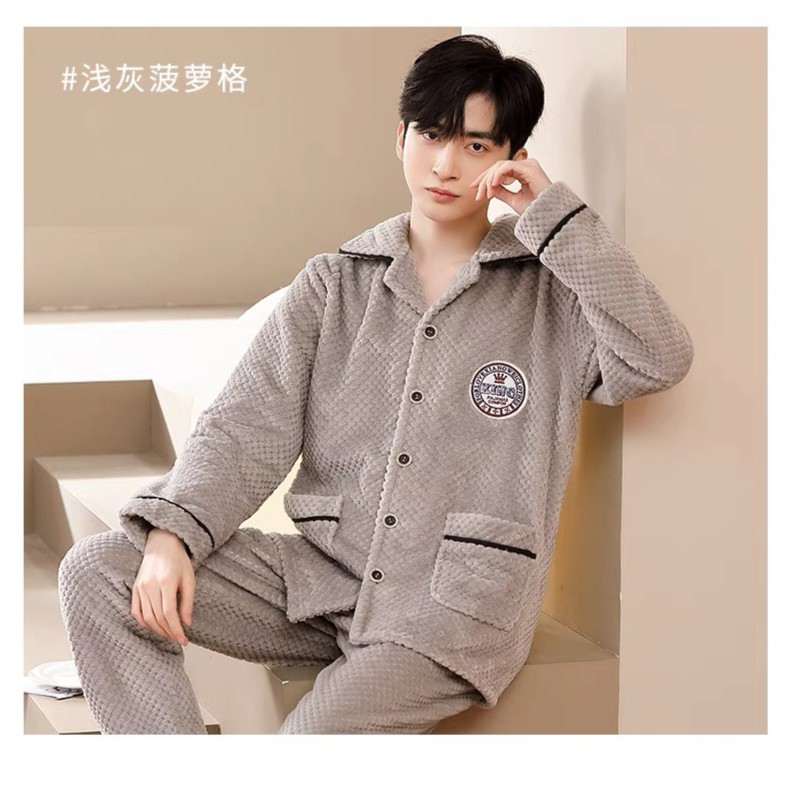 【瑜妹妹】小帅气-男款长袖加绒秋冬款玫瑰绒套装可外穿家居服睡衣
