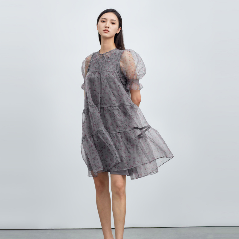 S·DEER圣迪奥浪漫碎花时尚气质拼接设计师公主袖连衣裙S223Z1228