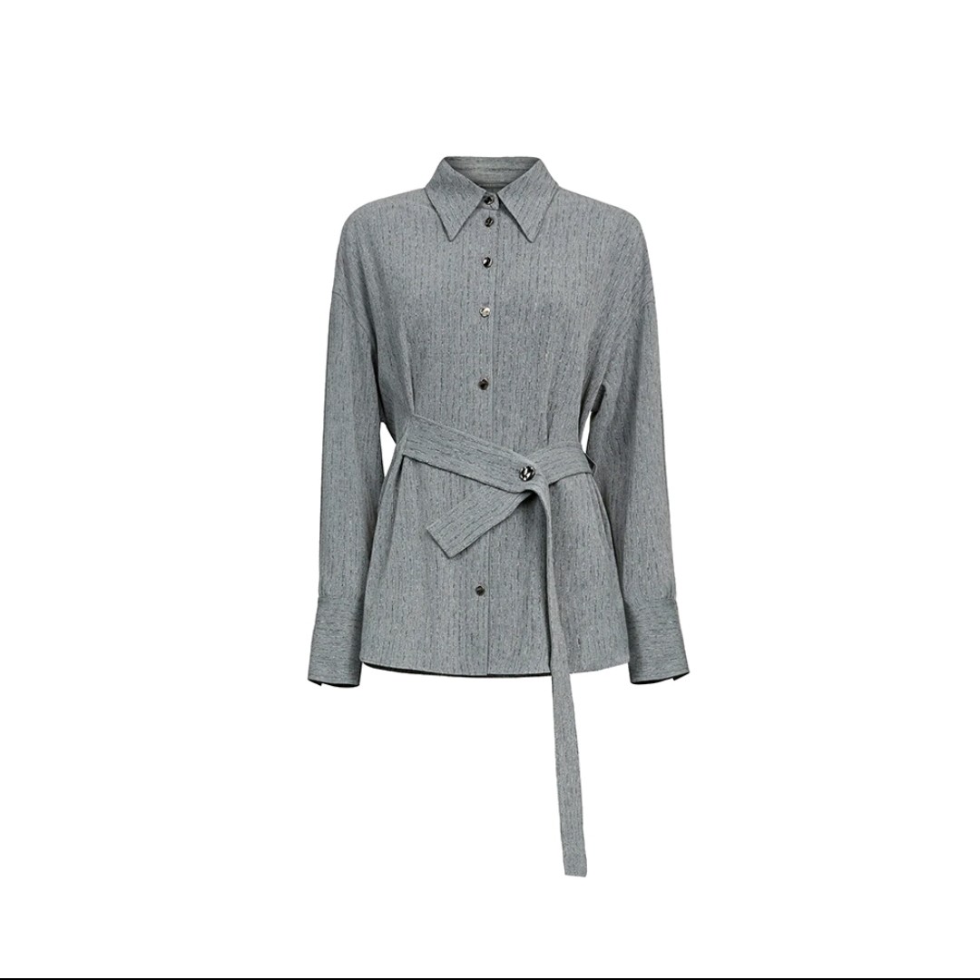 S·DEER圣迪奥时尚气质显瘦收腰系带通勤气质长袖衬衫S233Z0507