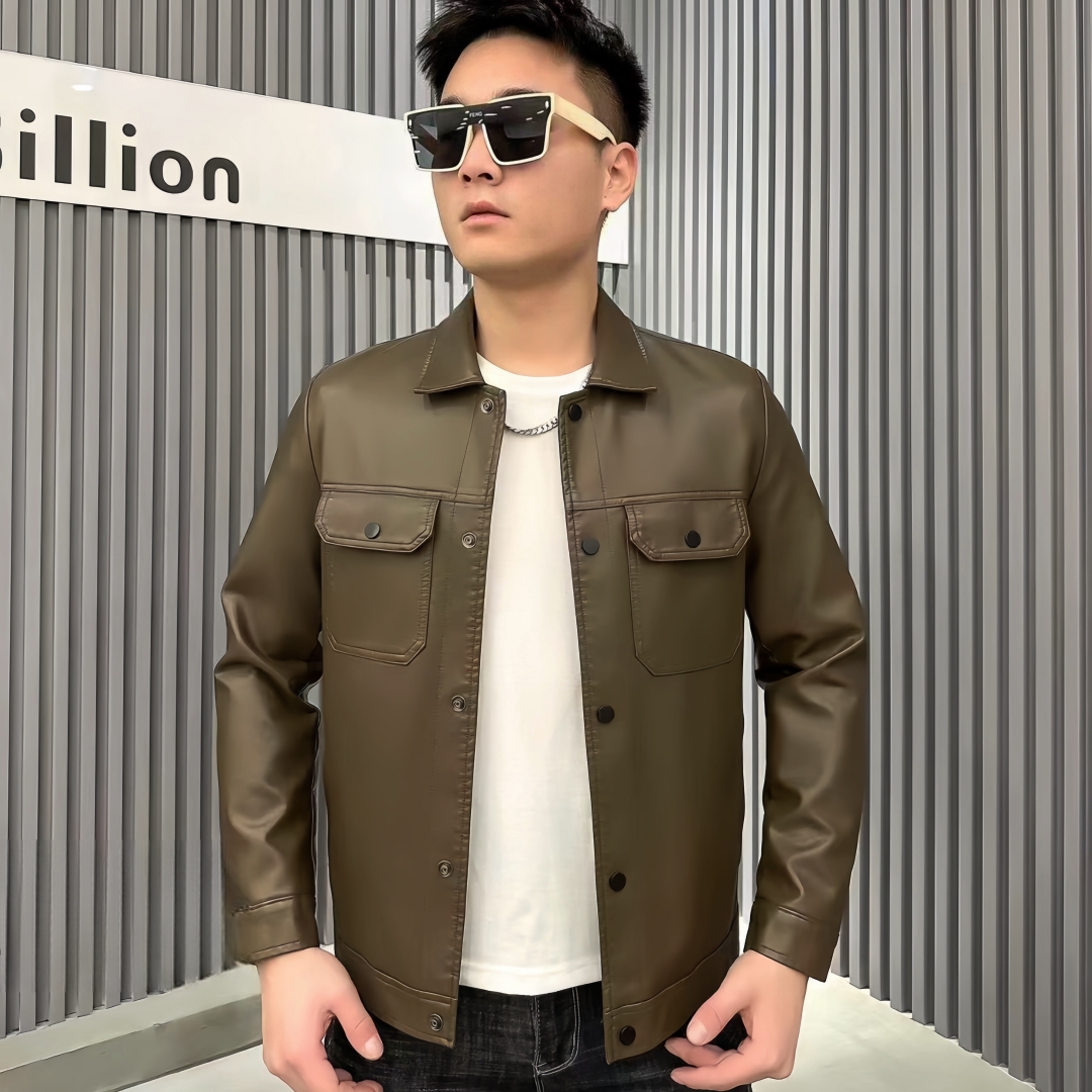 秋季新款男士轻奢百搭翻领水洗皮夹克5683