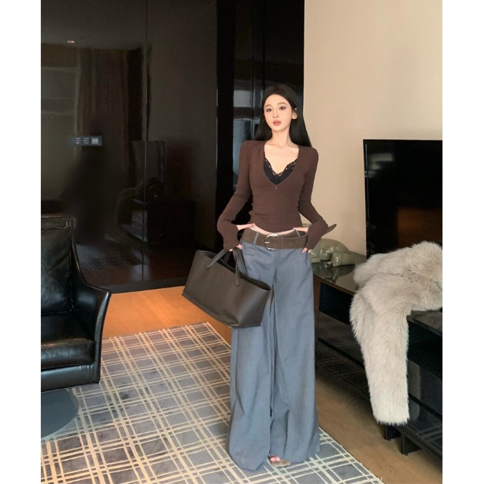 灰色西装长裤女春季设计感低腰垂感长裤辣妹显瘦阔腿喇叭裤拖地裤