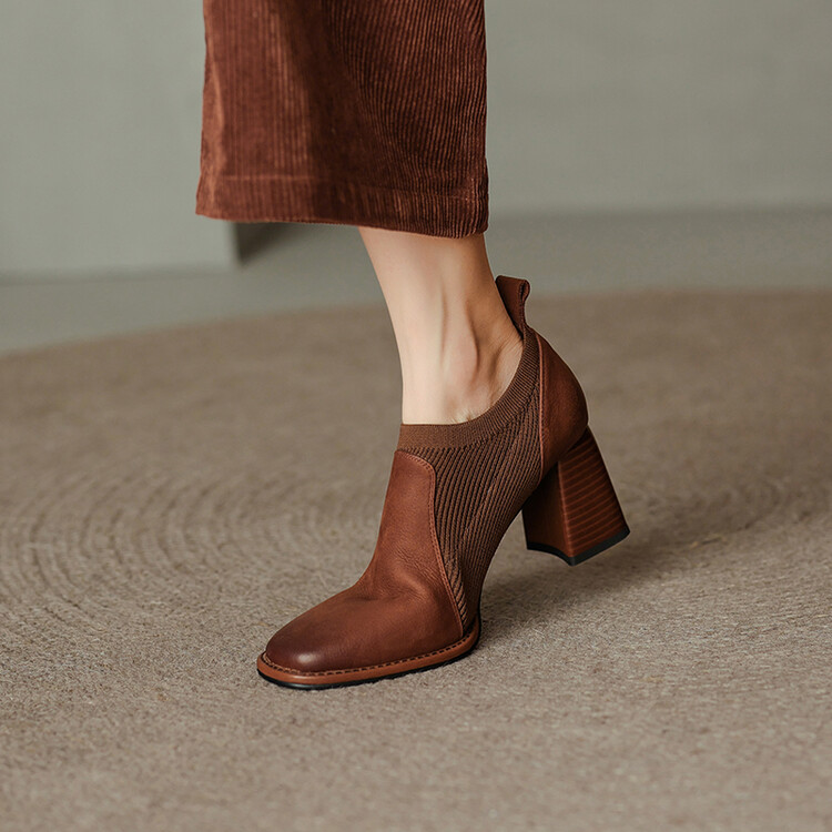 胎牛皮|6CM跟黑色棕色真皮复古深口单鞋时尚百搭真皮高跟跟鞋气质