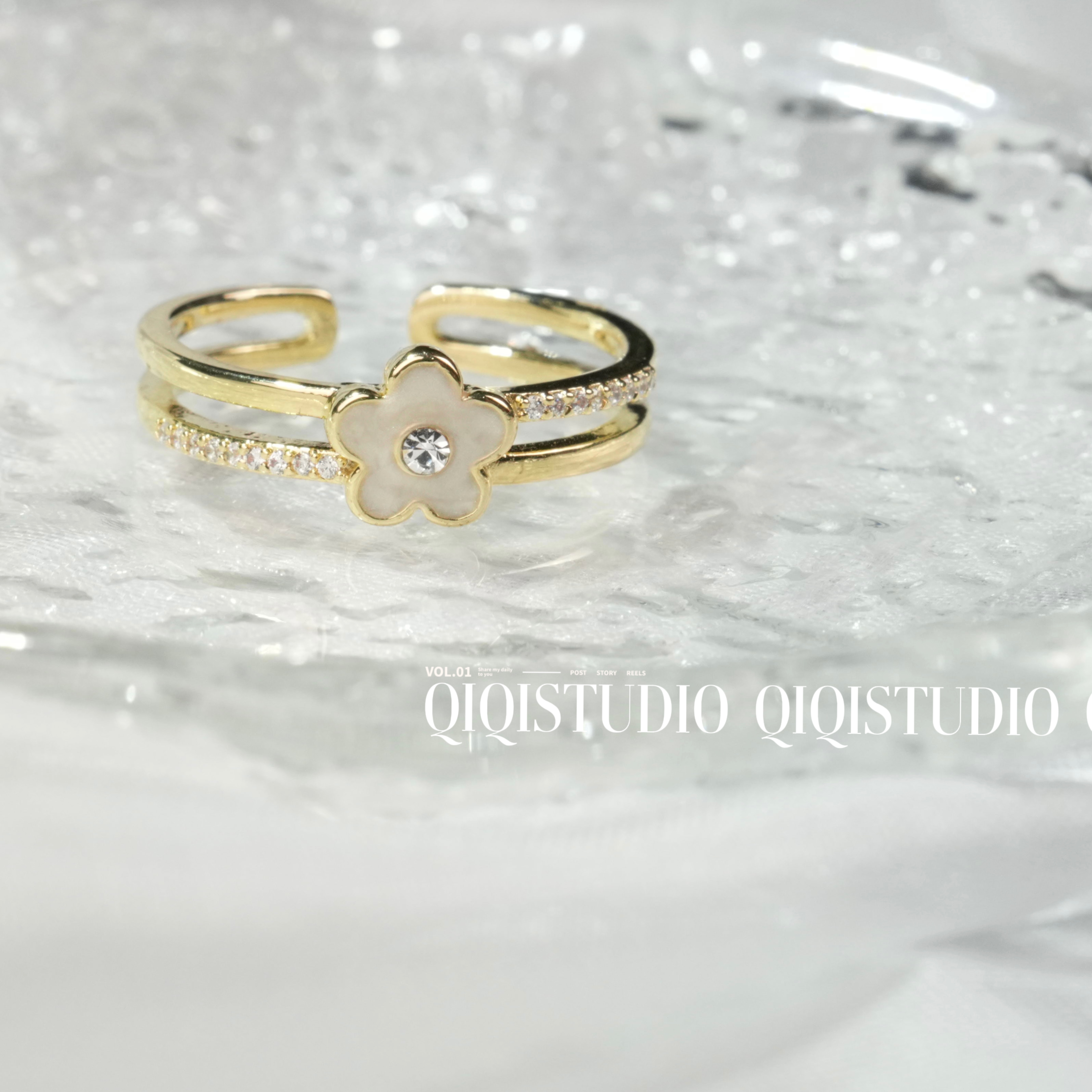 铜合金锆石戒指 超闪高级感轻奢双层幸运四叶草锆石开口戒指