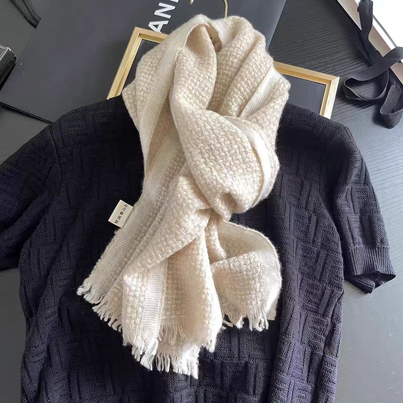 专属山羊绒米白色小香编织风180*30长巾围巾披肩秋冬保暖溯源好物