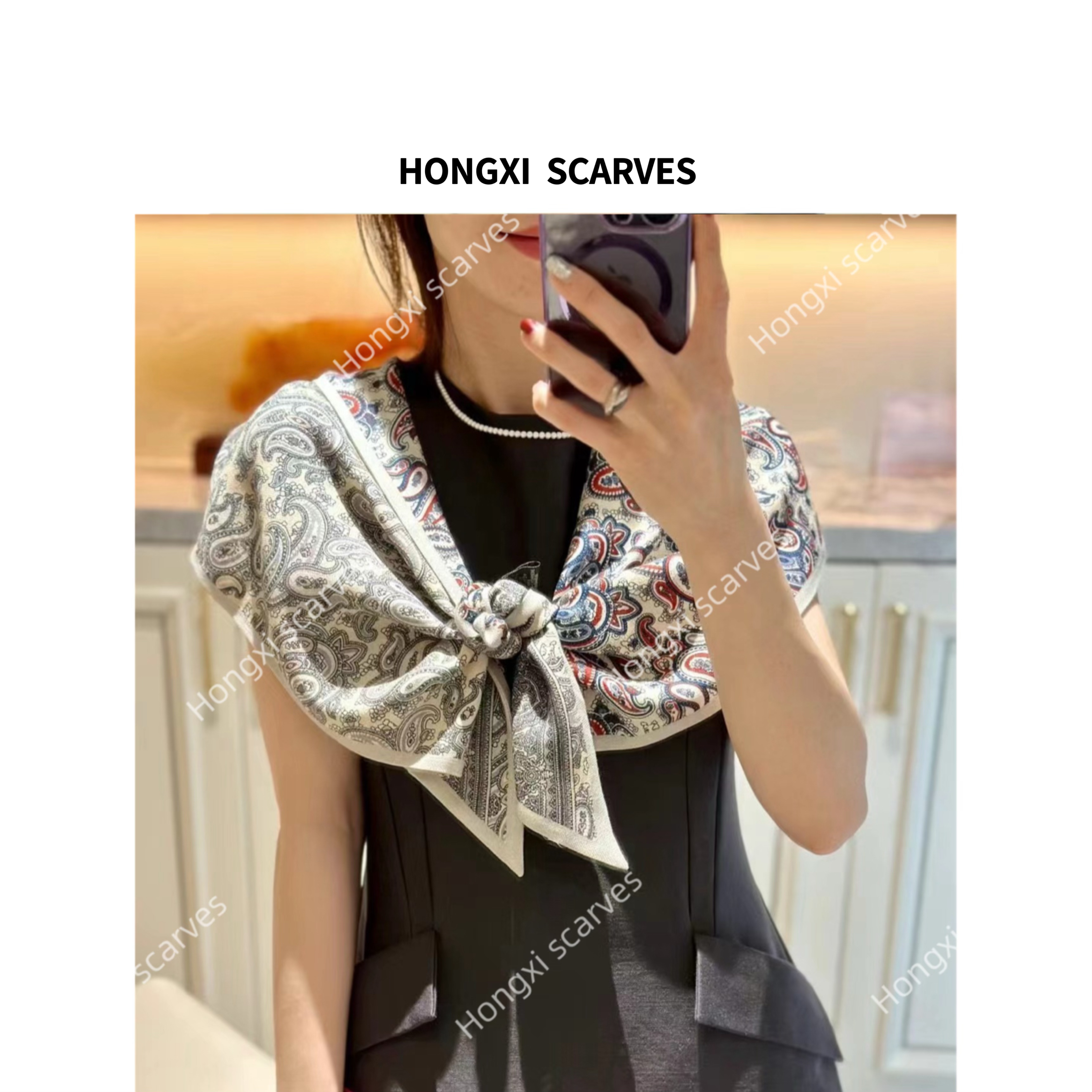 专属Hongxi Scarves/鸿晰丝巾丝毛AB面白色腰果140*25长巾飘带I01