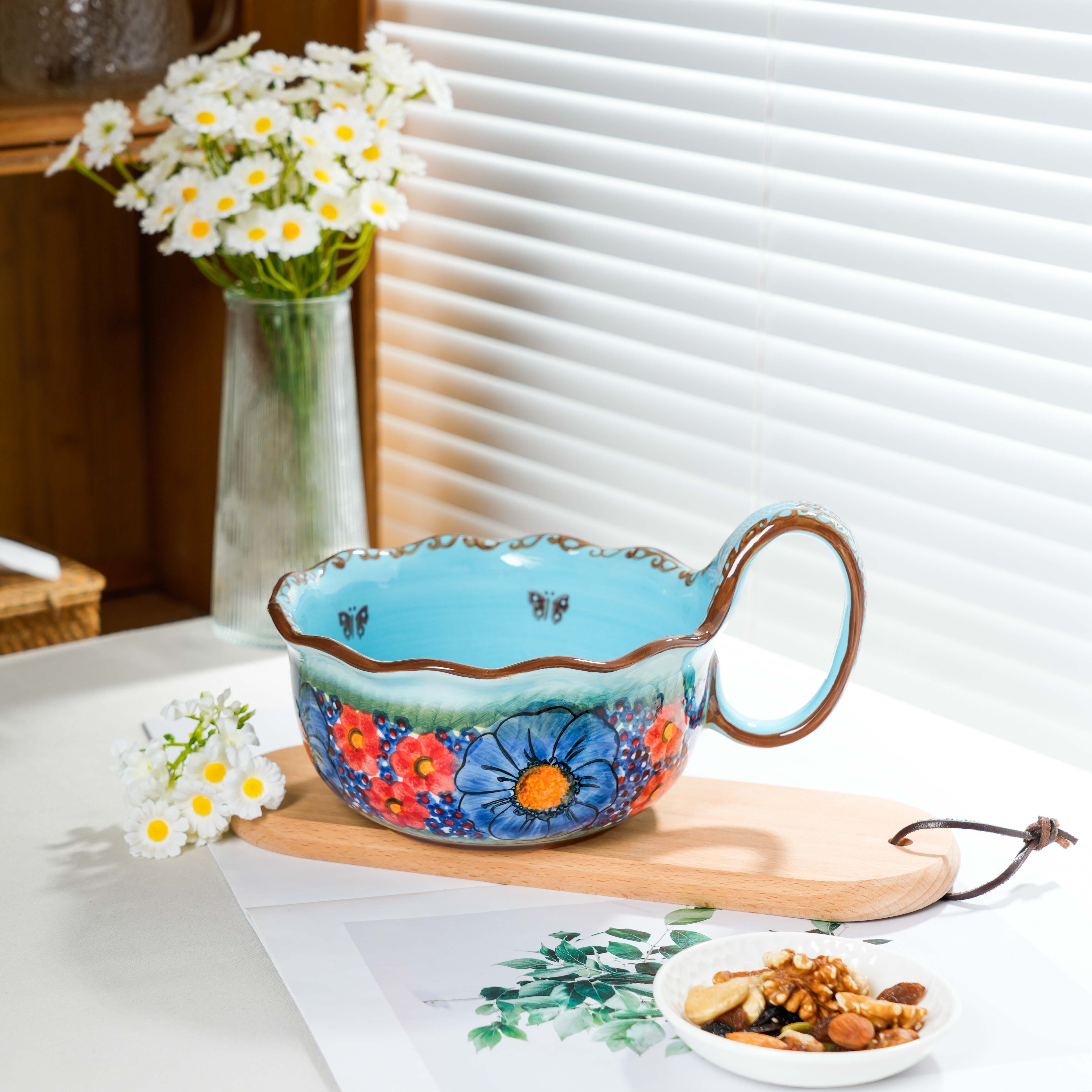 【SILESIA/出口原单】手绘琉璃蓝彩-9英寸花边曲把碗