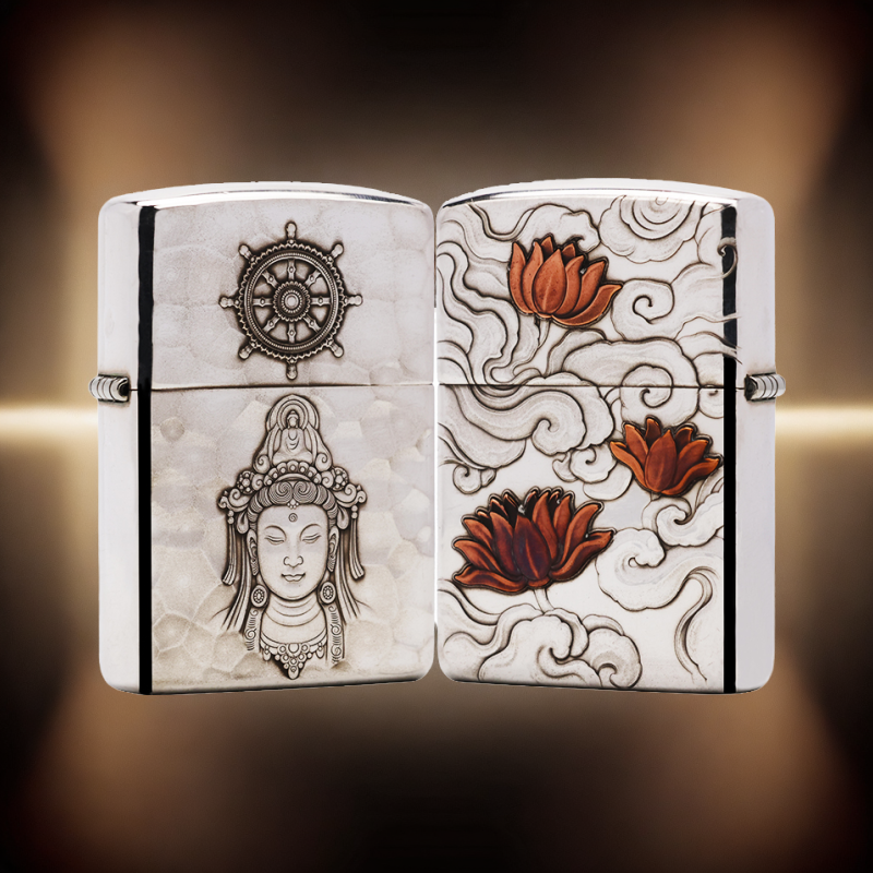 ZIPPO/之宝S925银常规【观心步步生莲】正品煤油打火机KF-DF