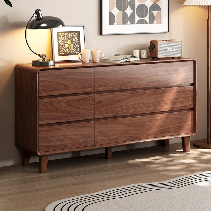 新款全实木复古风九斗柜胡桃色卧室靠墙储物抽屉床尾置物柜收纳柜