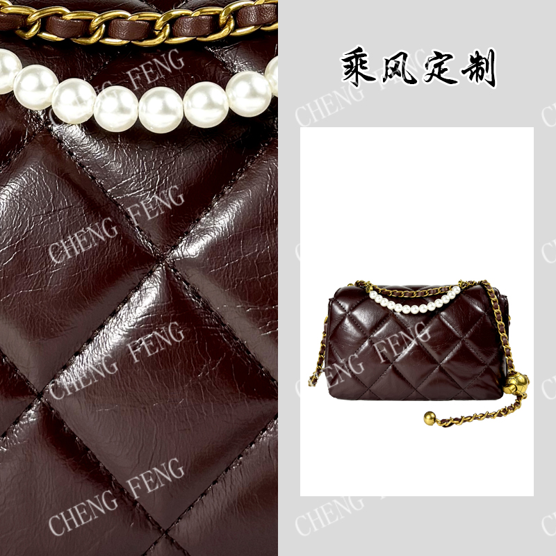 【酒红方胖子】新款珍珠链条绣线百搭斜挎包