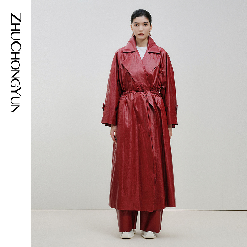 ZHUCHONGYUN春光泽皮感大翻领腰带优雅长外套C1EG12718