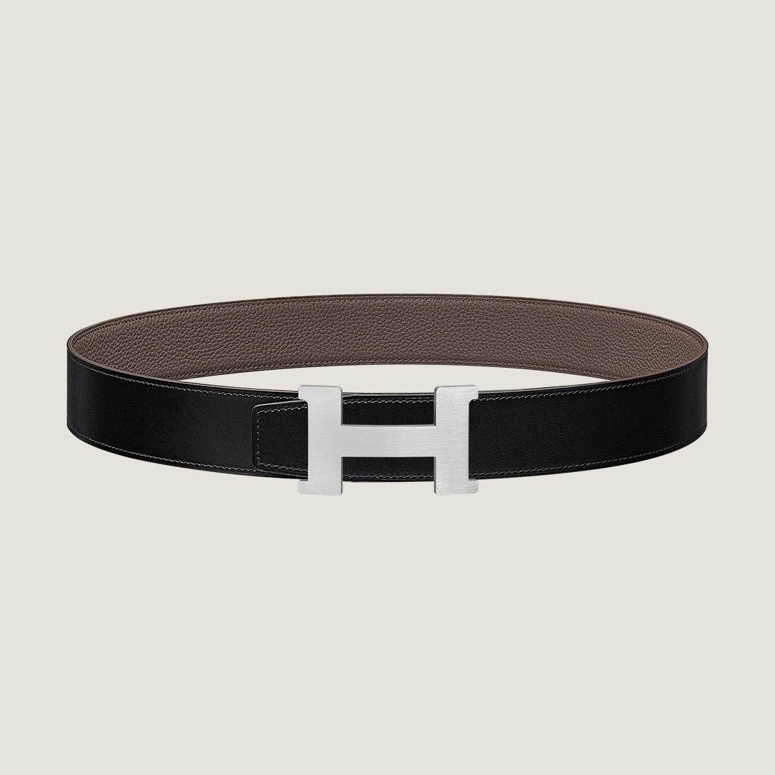 全新未使用 Hermes/爱马仕 黑巧 男士3.8cm双面腰带银扣全套礼盒