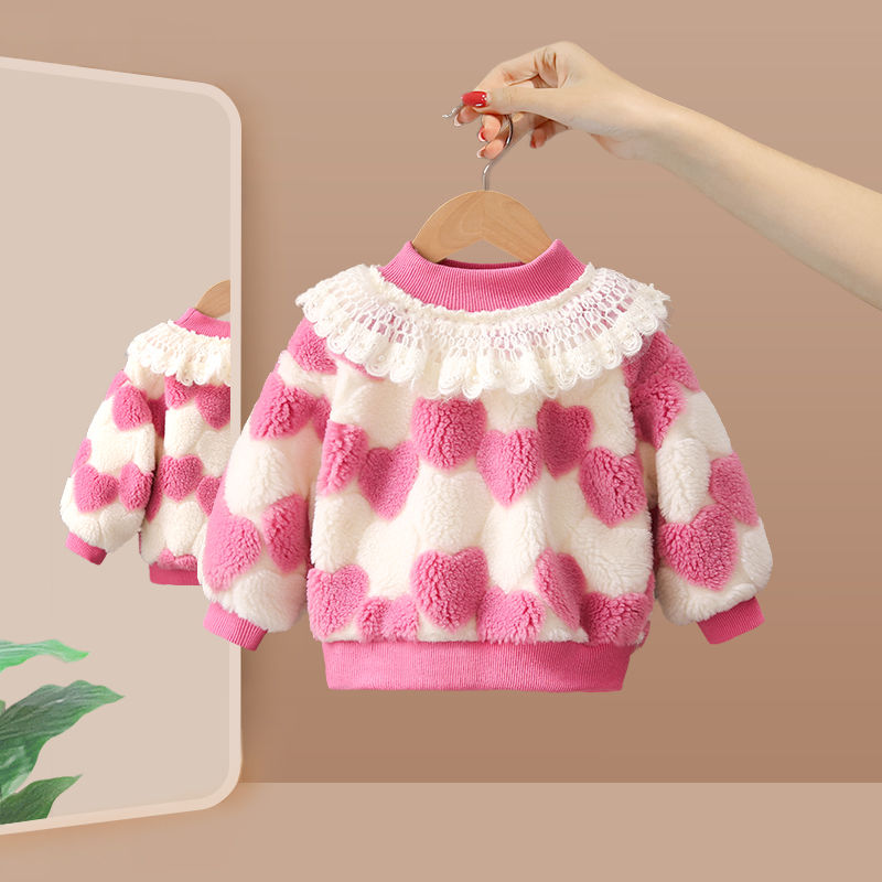 女童加绒卫衣秋冬2024新款洋气儿童加厚套头上衣女宝宝羊羔绒冬装