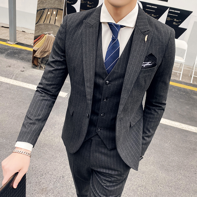 春秋新款韩版修身商务小西装潮流男士英伦条纹西服套装结婚三件套