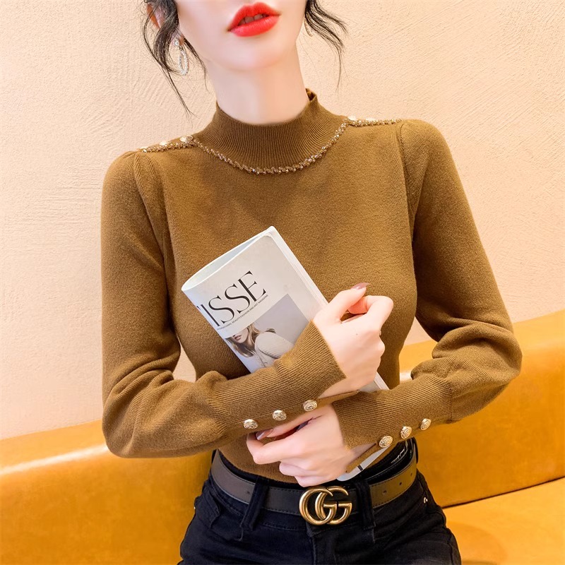 半高领钉珠打底衫2024新款女秋冬长袖内搭毛衣气质高级感打底上衣