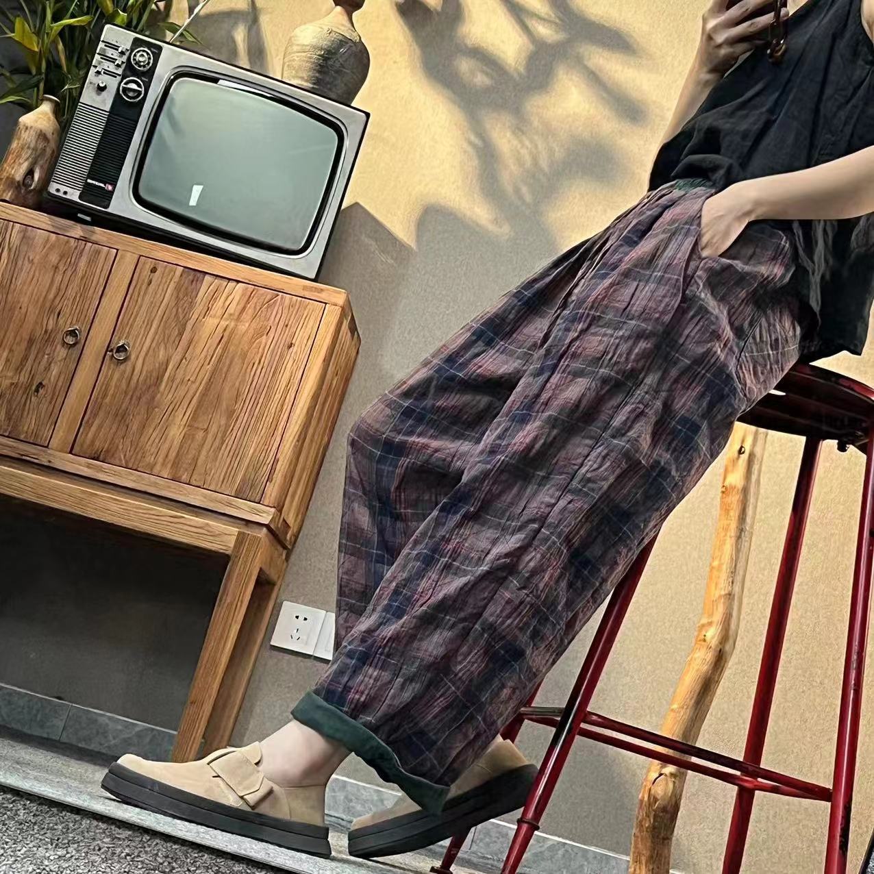 【隐叙原创】YX9373新款时尚百搭复古格子双层加里衬休闲裤