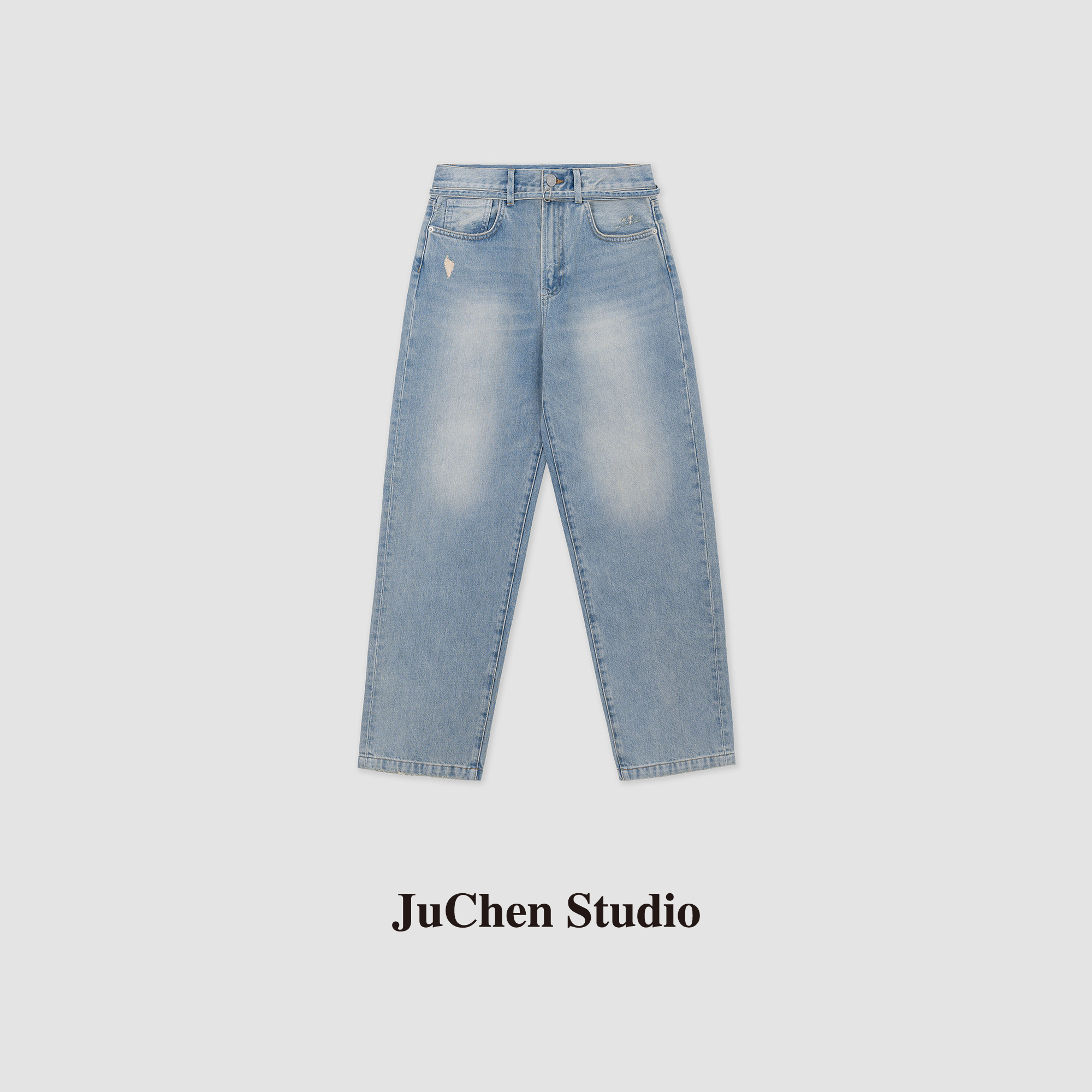 系带流浪风环保磨洗破洞立体小直筒时尚牛仔裤 DW2420163-894