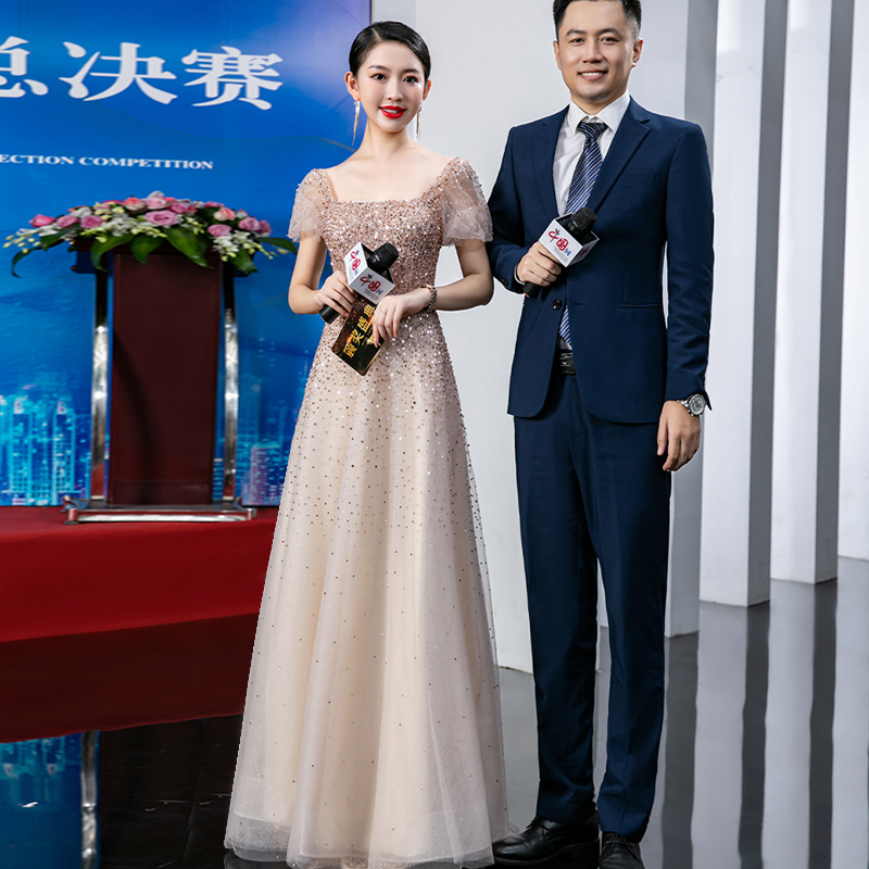 9300高级定制礼服连衣裙婚礼主持人女高级感年会宴会遮肚腩演出服