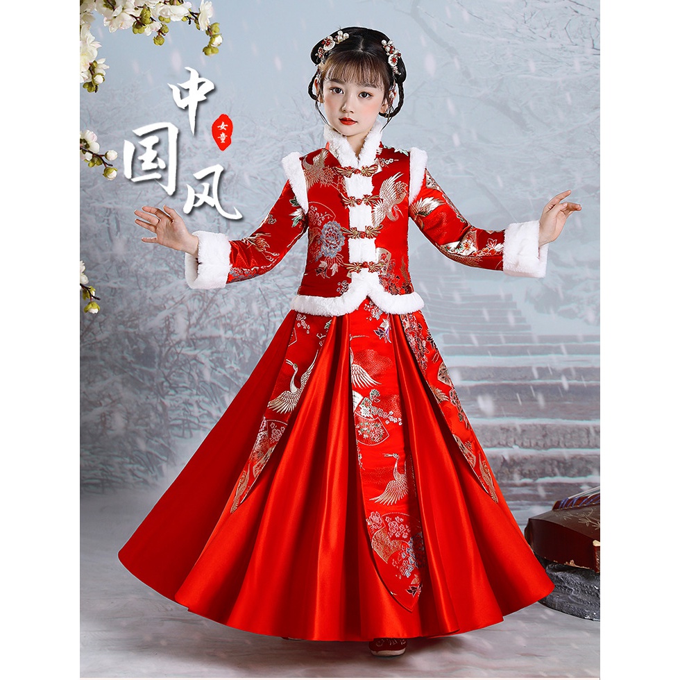 女童加绒加厚秋冬小女孩古装2023新款冬季国风宝宝古风拜年服冬款