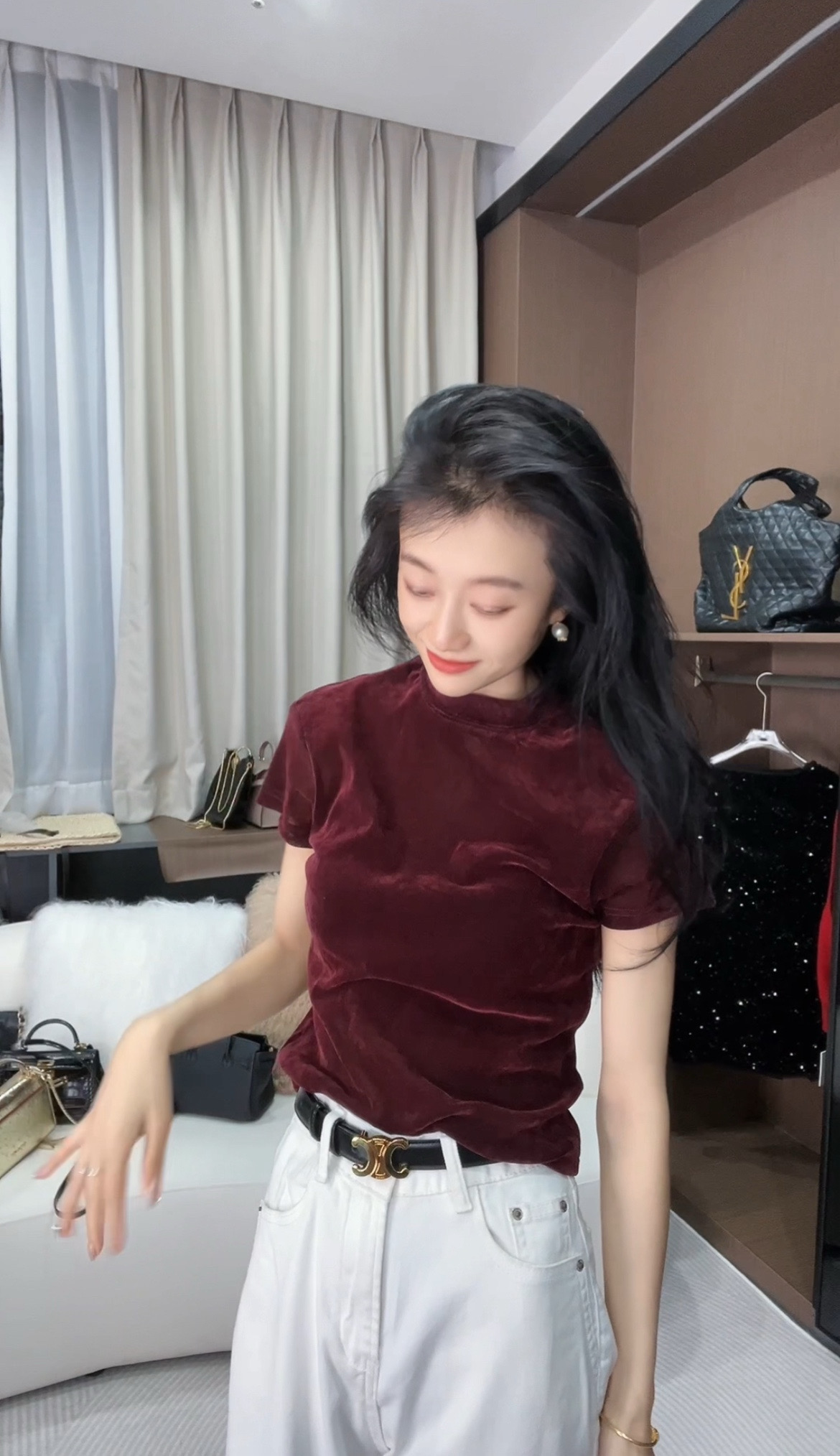 【短袖袖半高领打底衫】安可拉红植绒丝绒网纱短袖上衣 立领半袖