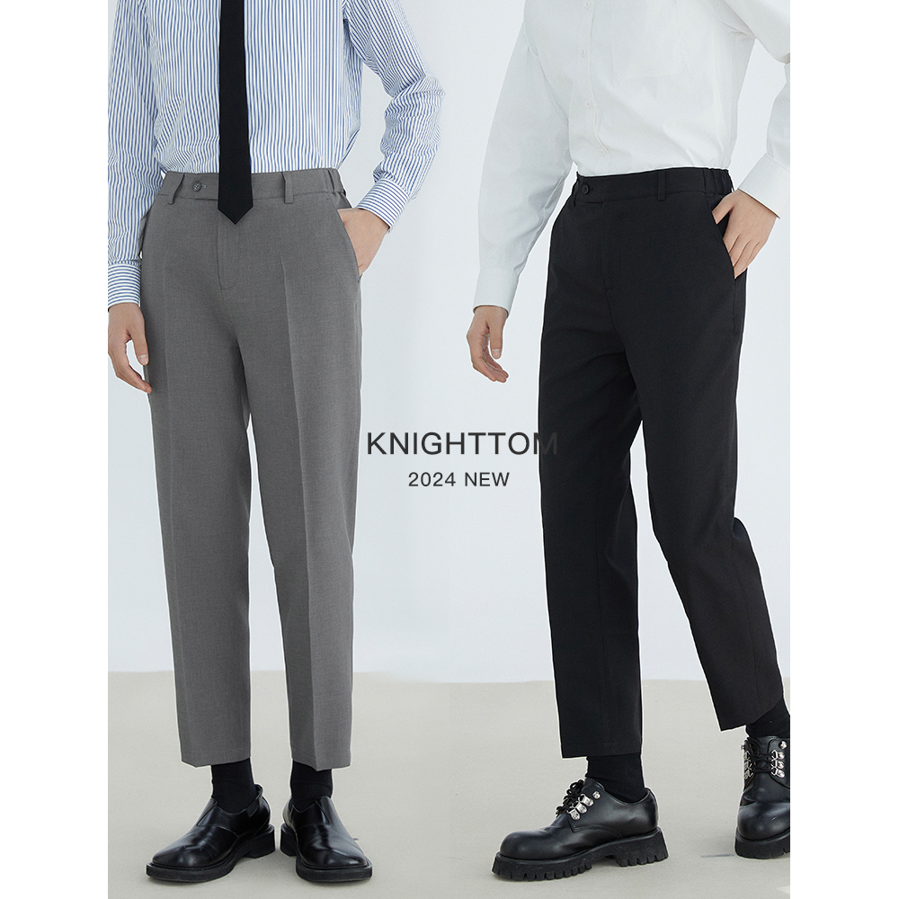 knighttom黑色半松紧休闲裤女长裤中性风小个子帅t西裤3059
