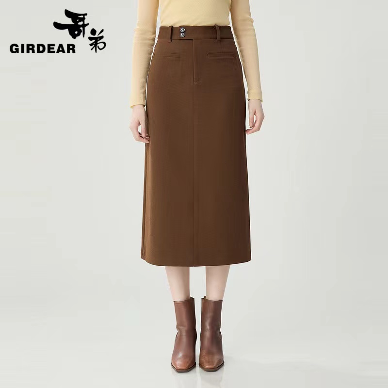 GIRDEAR/哥弟高腰显瘦显气质开叉高双口袋设计长裙1200369